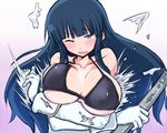  bikini black_bikini blue_hair blush breast_hold breasts collarbone gloves ikaruga_(senran_kagura) kagami_uekusa katana large_breasts long_hair senran_kagura senran_kagura_shoujo-tachi_no_shin'ei solo swimsuit sword teardrop unaligned_breasts weapon white_gloves wince 