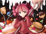  ahoge bad_id bad_pixiv_id bow charlotte_(madoka_magica) cheese drill_hair food hair_bow highres mahou_shoujo_madoka_magica multicolored multicolored_eyes nanairo personification pink_eyes pink_hair pudding sleeves_past_wrists solo spoon sweets twin_drills twintails 