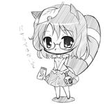  animal_ears bottle futatsuiwa_mamizou glasses greyscale leaf leaf_on_head lowres medium_skirt mizuno_kurage monochrome notepad open_mouth pince-nez print_skirt raccoon_ears raccoon_tail short_hair skirt smile solo tail touhou translated 