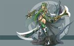  armor ass boots g-string gauntlets gloves green_eyes green_hair green_legwear hair_ornament high_heels huge_weapon jak legs long_hair looking_back original panties shoes side-tie_panties solo sword thigh_boots thighhighs thighs thong tree underwear weapon white_panties 