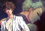  bad_id bad_pixiv_id black_sclera brown_hair cigarette facial_hair gedoooo green_hair labcoat looking_at_viewer male_focus multiple_boys ozaki_toshio projected_inset red_eyes shiki stubble tatsumi_(shiki) 