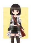  akemiho_tabi_nikki bag belt_pouch black_legwear black_skirt blush bob_cut bottle fukube_tamaki kouno_hikaru looking_at_viewer messenger_bag miniskirt navel pencil_skirt pouch red_eyes shirt short_hair shoulder_bag skirt solo striped striped_shirt sweatdrop thighhighs 