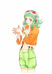  breasts goggles goggles_on_head green_eyes green_hair gumi hands hands_together highres jacket megpoid_(vocaloid3) nail_polish official_art shorts simple_background small_breasts solo suspenders underboob vocaloid yuuki_masami 