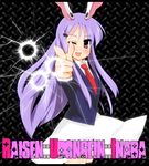  animal_ears blazer broken_glass bunny_ears character_name finger_gun glass highres jacket long_hair manjyuuya one_eye_closed purple_hair red_eyes reisen_udongein_inaba solo touhou typo 