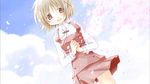  aoki_ume blue_sky blush brown_eyes brown_hair cherry_blossoms cloud day hair_ornament hairpin hands_together hidamari_sketch long_sleeves looking_at_viewer miniskirt official_art open_mouth own_hands_together red_skirt school_uniform short_hair skirt sky smile solo string_tie yuno 