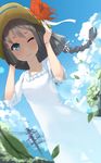  bad_id bad_pixiv_id black_hair blue_eyes bracelet braid cloud collarbone day dress dutch_angle flower hair_ribbon hand_in_hair hands_on_headwear hat hat_flower hat_ribbon jewelry kotobuki_ryou leaf long_hair one_eye_closed original power_lines ribbon sky smile solo telephone_pole tree wind 