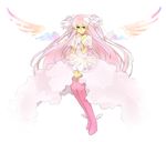  absurdres bad_id bad_pixiv_id boots bow dress full_body gloves hair_bow hands_clasped highres kakizato kaname_madoka long_hair magical_girl mahou_shoujo_madoka_magica own_hands_together pink_footwear pink_hair pink_legwear praying simple_background smile solo spoilers thighhighs two_side_up ultimate_madoka white_background white_gloves wings yellow_eyes 