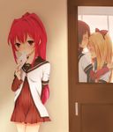  bow closed_eyes door dress forehead_kiss funami_yui hair_bow happy_tears jealous kiss letter love_letter multiple_girls nanamori_school_uniform ponytail sa_ioio sailor_dress school_uniform serafuku sugiura_ayano tears toshinou_kyouko yuri yuru_yuri 