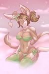  bow bra breasts brown_hair clothed clothing female hair kneeling lagomorph legwear looking_at_viewer mammal panties rabbit robyn_paperdoll skimpy snow solo stockings swimsuit tail tight_clothing underwear 