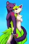  canine couple duo falvie falvie_(character) female fionbri fur green_fur hand_holding male mammal nude piercing purple_fur standing tattoo 