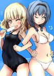  absurdres bikini black_hairband blonde_hair blue_hair braid brown_eyes food fu_(counting01) furutani_himawari hairband highres multiple_girls one-piece_swimsuit one_eye_closed oomuro_sakurako popsicle school_swimsuit swimsuit twin_braids yuru_yuri 