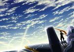  braid brown_hair cloud duo_maxwell from_behind glint gundam gundam_deathscythe gundam_wing lens_flare male_focus ponytail rei_(usabiba) single_braid sky standing sun 