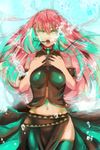  aqua_eyes bangs black_skirt breasts bubble headset hebi_(yurari) highres long_hair long_skirt medium_breasts megurine_luka nail_polish navel open_mouth pink_hair side_slit skirt solo vocaloid 