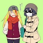  eyebrows_visible_through_hair eyes_visible_through_hair hair_ornament hair_over_one_eye hands_in_pockets hat jacket knit_hat letterman_jacket long_hair mizuno_ai multicolored_hair nikaidou_saki onsen_tamago_(hs_egg) orange_scarf pants scarf streaked_hair sunglasses surgical_mask text_focus translation_request zombie_land_saga 