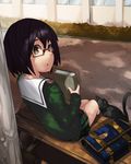  :o bad_id bad_tinami_id bench black_cat black_hair book brown_eyes cat glasses green_skirt highres kotobuki_ryou leaf looking_back miniskirt original plaid plaid_skirt pleated_skirt red-framed_eyewear school_uniform semi-rimless_eyewear short_hair sitting skirt sleeves_past_wrists solo surprised under-rim_eyewear 