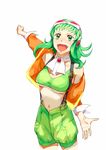  breasts goggles goggles_on_head green_eyes green_hair gumi highres jacket medium_breasts megpoid_(vocaloid3) official_art shorts simple_background smile solo suspenders underboob vocaloid yuuki_masami 