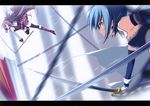  absurdres bare_shoulders battle blue_eyes blue_hair boots chain duel elbow_gloves gloves highres long_hair mahou_shoujo_madoka_magica miki_sayaka multiple_girls polearm red_eyes red_hair sakura_kyouko short_hair spear suzuri_(tennenseki) sword weapon 