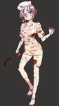  bandage_over_one_eye bandages bare_legs blood blood_on_face blood_splatter bloody_clothes blue_eyes breasts brown_hair bubble_head_nurse center_opening crowbar dress gloves hat medium_breasts naso4 nurse nurse_cap personification short_dress silent_hill simple_background solo 