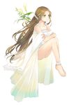  ankle_garter bad_id bad_pixiv_id bare_shoulders barefoot brown_hair dress feet flower frills gathers grey_eyes highres lace long_hair original panties simple_background solo tuuuh underwear white_panties 