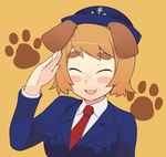  :3 animal_ears blush_stickers brown_hair closed_eyes dog_ears eyebrows hat highres kaiten_muten-maru komai_(kaiten_muten-maru) necktie open_mouth oza_watto paw_print sailor sailor_hat salute short_hair smile solo thick_eyebrows uniform upper_body 