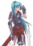  asymmetrical_clothes breastplate gloves greaves green_eyes green_hair hatsune_miku long_hair navel partially_colored pauldrons riftgarret shirt solo sword t-shirt vambraces vocaloid weapon work_in_progress 