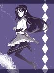  akemi_homura argyle argyle_legwear black_hair black_legwear capelet doily frilled_skirt frills hairband high_heels highres long_hair magical_girl mahou_shoujo_madoka_magica miniskirt pantyhose pleated_skirt purple_eyes ribbon samsara_(ring) shoes skirt solo 