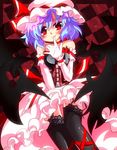  bat_wings black_legwear blue_hair blush corset detached_sleeves dress fang garter_straps gin_(shioyude) hat highres lace lace-trimmed_thighhighs leg_ribbon no_panties pink_dress red_eyes remilia_scarlet ribbon short_hair smile solo thighhighs touhou upskirt wings 