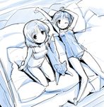  arm_up bed blush bra fox lingerie lying miyafuji_yoshika monochrome mozu_(peth) multiple_girls one-piece_swimsuit one_eye_closed open_mouth panties sanya_v_litvyak school_swimsuit short_hair sketch smile stretch strike_witches swimsuit underwear world_witches_series 