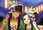  1girl braid brown_eyes brown_hair facial_hair father_and_daughter hair_ornament hairclip kaburagi_kaede kaburagi_t_kotetsu lantern mask one_eye_closed paper_lantern short_hair side_ponytail stubble tiger_&amp;_bunny unicornlove v wild_tiger 