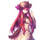  alternate_color alternate_costume apron bangs blunt_bangs bow capelet crescent dress hair_bow hands hat long_hair patchouli_knowledge purple_eyes purple_hair robe simple_background smile solo touhou waving wide_sleeves yandywu 