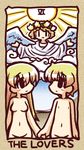  2girls blonde_hair blush_stickers breasts cloud holding_hands ikkyuu lowres multiple_girls navel nude original small_breasts smile sun tarot the_lovers wings 