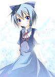  blue_dress blue_eyes blue_hair blush bow cirno dress grin hair_bow hakobako ribbon short_hair smile solo touhou wings 