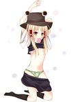  bad_id bad_pixiv_id blonde_hair brown_eyes condom condom_in_mouth green_panties hat kyowosuke moriya_suwako mouth_hold navel panties solo touhou underwear 