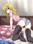  all_fours ass bed blonde_hair charlotte_dunois feet infinite_stratos long_hair long_legs looking_back mister_(black_and_white) panties pillow purple_eyes solo striped striped_panties thighhighs underwear 