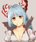  bangs blue_hair bow breasts cigarette cleavage collarbone face fujiwara_no_mokou hair_bow hime_cut long_hair looking_at_viewer medium_breasts orange_eyes popped_collar red_eyes senhaku simple_background smoking solo suspenders touhou upper_body 