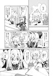  ahoge comic doujinshi fang greyscale hair_ribbon hair_up hat hat_removed headwear_removed highres hourai_doll kirisame_marisa letter monochrome morino_hon multiple_girls ribbon shanghai_doll touhou translated 