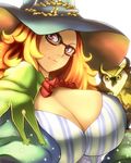  bad_id bad_pixiv_id bird breasts brown_hair cleavage ginji74 glasses grand_knights_history hat huge_breasts long_hair muse_cromwell owl solo witch_hat 