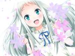  ano_hi_mita_hana_no_namae_wo_bokutachi_wa_mada_shiranai. blue_eyes dress flower honma_meiko long_hair open_mouth ribbon silver_hair sleeveless sleeveless_dress solo torotoro white_hair 