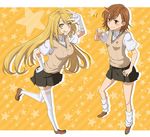  2girls :q \m/ black_skirt blonde_hair brown_eyes brown_hair elbow_gloves gloves hand_on_hip kome_(seiga) long_hair looking_at_viewer loose_socks miniskirt misaka_mikoto multiple_girls pleated_skirt school_uniform shokuhou_misaki short_sleeves skirt socks spider_web_print standing standing_on_one_leg star starry_background striped striped_background sweater_vest symbol-shaped_pupils thighhighs to_aru_kagaku_no_railgun to_aru_majutsu_no_index tongue tongue_out uniform white_gloves white_legwear yellow_background yellow_eyes zettai_ryouiki 