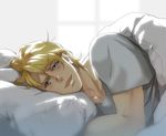  bed blonde_hair blue_eyes keith_goodman l102016695 male_focus shirt solo t-shirt tiger_&amp;_bunny under_covers 