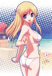  :d absurdres ass bikini blonde_hair blue_eyes blush breasts butt_crack chair earrings front-tie_top hair_ribbon highres jewelry long_hair looking_back lounge_chair medium_breasts multiple_girls open_mouth original parasol ribbon sideboob skindentation smile solo_focus strap_gap swimsuit takayaki umbrella 