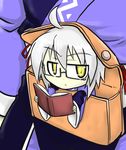  ahoge book chibi dual_persona futa_(nabezoko) glasses in_container jitome looking_at_viewer male_focus morichika_rinnosuke multiple_boys pouch silver_hair touhou wide_sleeves yellow_eyes 