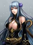  bare_shoulders breasts cleavage cleavage_cutout detached_sleeves flower hair_flower hair_ornament highres large_breasts lips long_hair looking_at_viewer parted_lips red_eyes sangokushi_taisen sasaki_ryou selvaria_bles senjou_no_valkyria silver_hair solo sun_shang_xiang_(sangokushi_taisen) very_long_hair 
