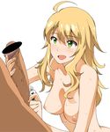  1girl a1 ahoge blonde_hair breasts green_eyes hoshii_miki idolmaster idolmaster_(classic) idolmaster_2 large_penis long_hair looking_up medicine medium_breasts nipples nude ointment open_mouth penis producer_(idolmaster) sweat 