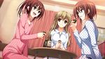  3girls brown_hair game_cg koi_de_wa_naku long_hair makishima_yumi pajamas short_hair tagme_(character) tomose_shunsaku 