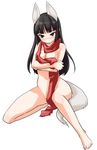  anabuki_tomoko animal_ears barefoot black_eyes black_hair blush breasts covering covering_breasts crossed_arms embarrassed long_hair medium_breasts mozu_(peth) naked_scarf nude red_scarf scarf solo squatting tail world_witches_series 