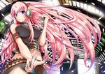  black_skirt blue_eyes breasts covered_nipples headphones highres impossible_clothes impossible_shirt large_breasts long_hair megurine_luka microphone microphone_stand microskirt nail_polish navel pink_hair revision shirt skirt solo very_long_hair vocaloid wallpaper yuki_mizore 