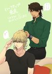  adjusting_hair alternate_hairstyle bad_id bad_pixiv_id barnaby_brooks_jr blonde_hair bracelet brown_eyes brown_hair facial_hair glasses green_eyes hair_tucking highres jewelry kaburagi_t_kotetsu male_focus multiple_boys ponytail rwk shirt stubble t-shirt tiger_&amp;_bunny tying_hair watch wristwatch 