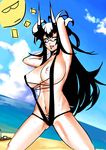  areolae armpits arms_up beach black_hair blue_sky breasts cloud day eu03 glasses highres horns huge_breasts legs long_hair navel nipple_slip nipples ocean one_eye_closed original outdoors purple_eyes semi-rimless_eyewear sky slingshot_swimsuit solo spread_legs sun swimsuit thighs under-rim_eyewear 