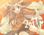  2011 animal_ears blush brown_hair brown_legwear bunny_ears gen_4_pokemon jacket long_hair looking_at_viewer lopunny open_mouth outstretched_arms personification pokemon red_eyes shorts smile solo tachitsu_teto thighhighs 